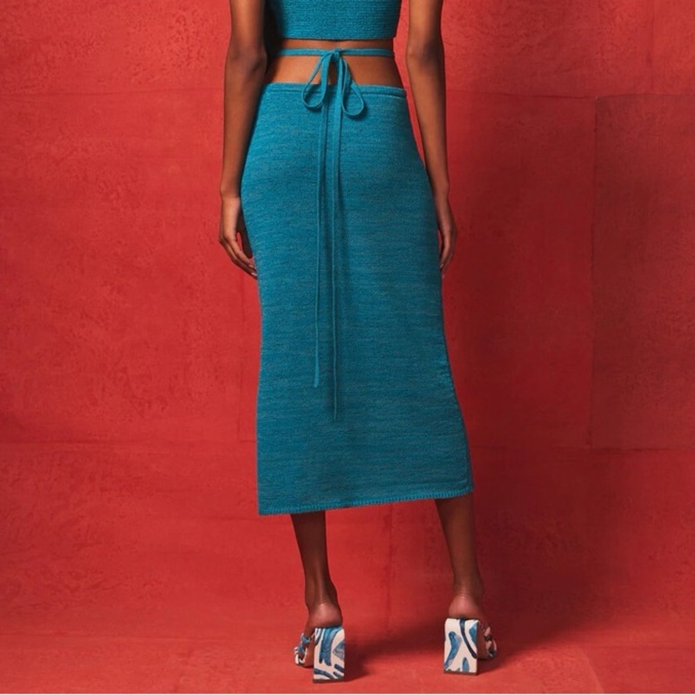 Cult Gaia Hedda Cyan Blue Stretch Knit Diamond Tie Cut Out Midi Skirt EUC Size S - Picture 4 of 12